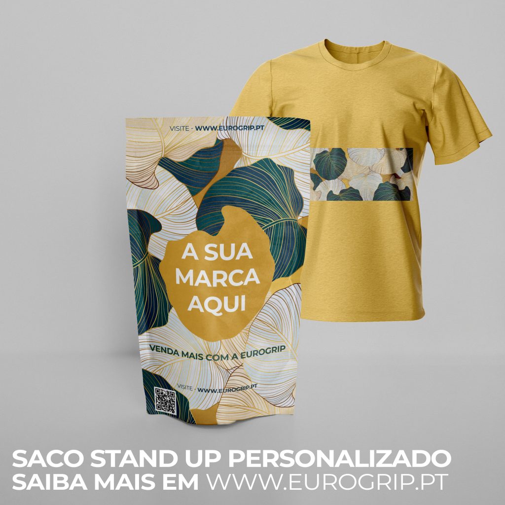 saco stand up personalizado com uma t-shirt para o setor têxtil embalar e vender produtos de vestuário
